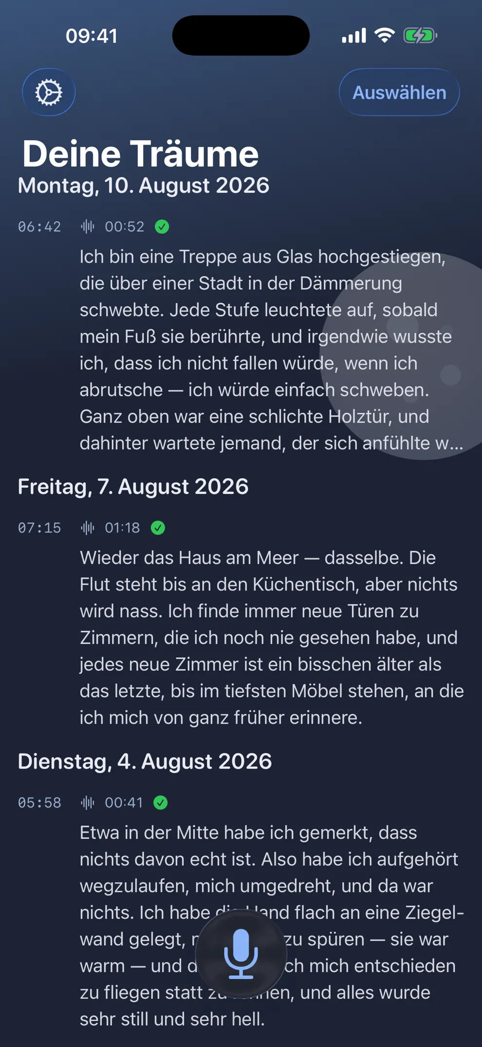 DreamJournal auf dem iPhone: die Übersicht „Deine Träume“ mit drei gespeicherten Träumen, jeweils mit Uhrzeit der Aufnahme und Dauer.