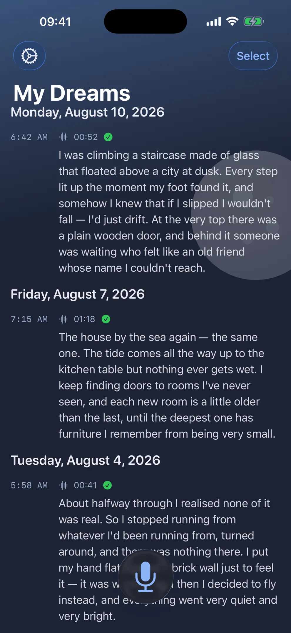DreamJournal on iPhone: the My Dreams timeline, listing three saved dreams with the time each was recorded and how long it took to speak.